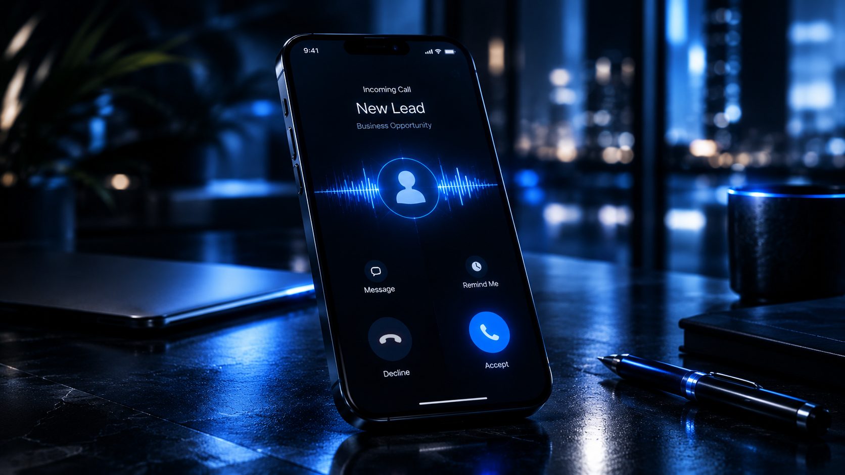 A phone on a desk at night showing an incoming call