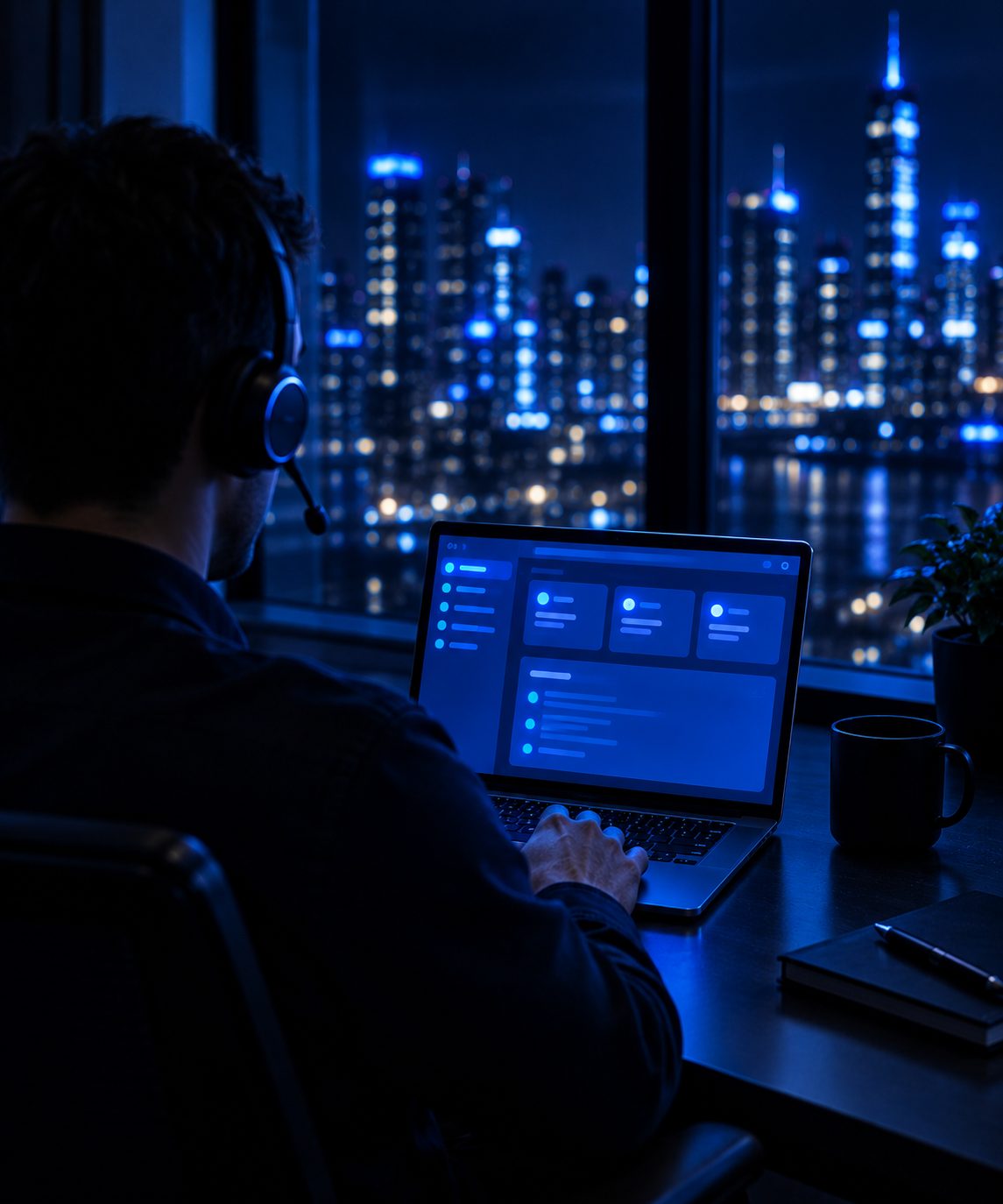 A caller with a headset working at a laptop at night, the city beyond the window