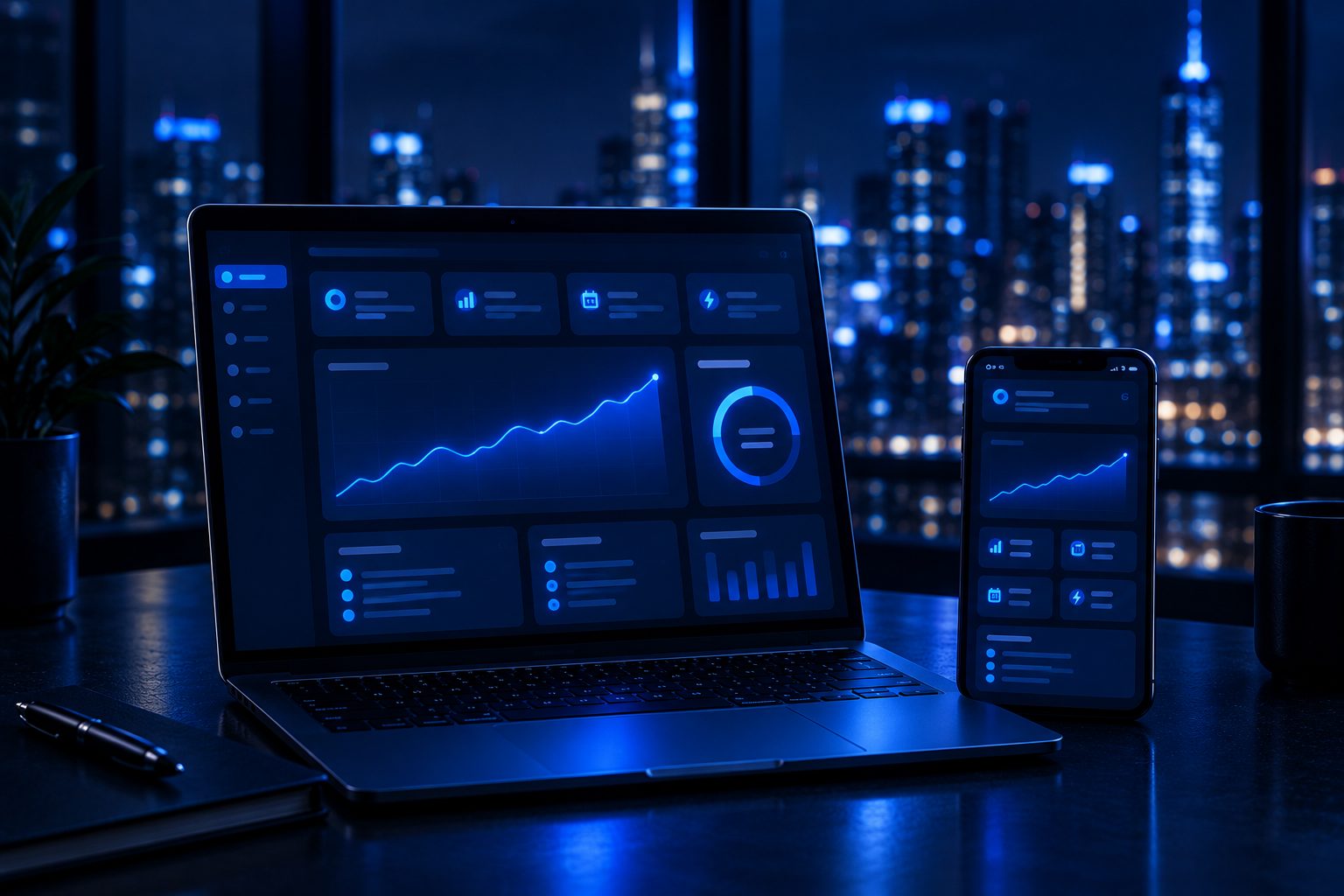 A laptop and a phone on a desk at night, both showing the DialPipeline dashboard