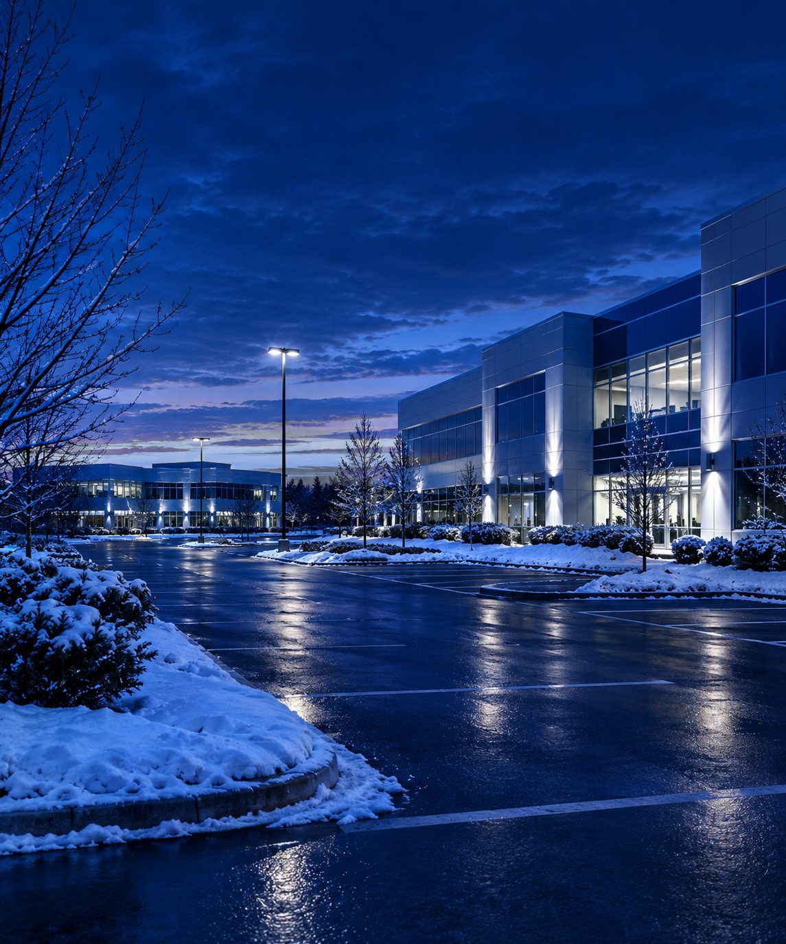 An office park at dusk after the first snow, the parking lot plowed and the buildings lit