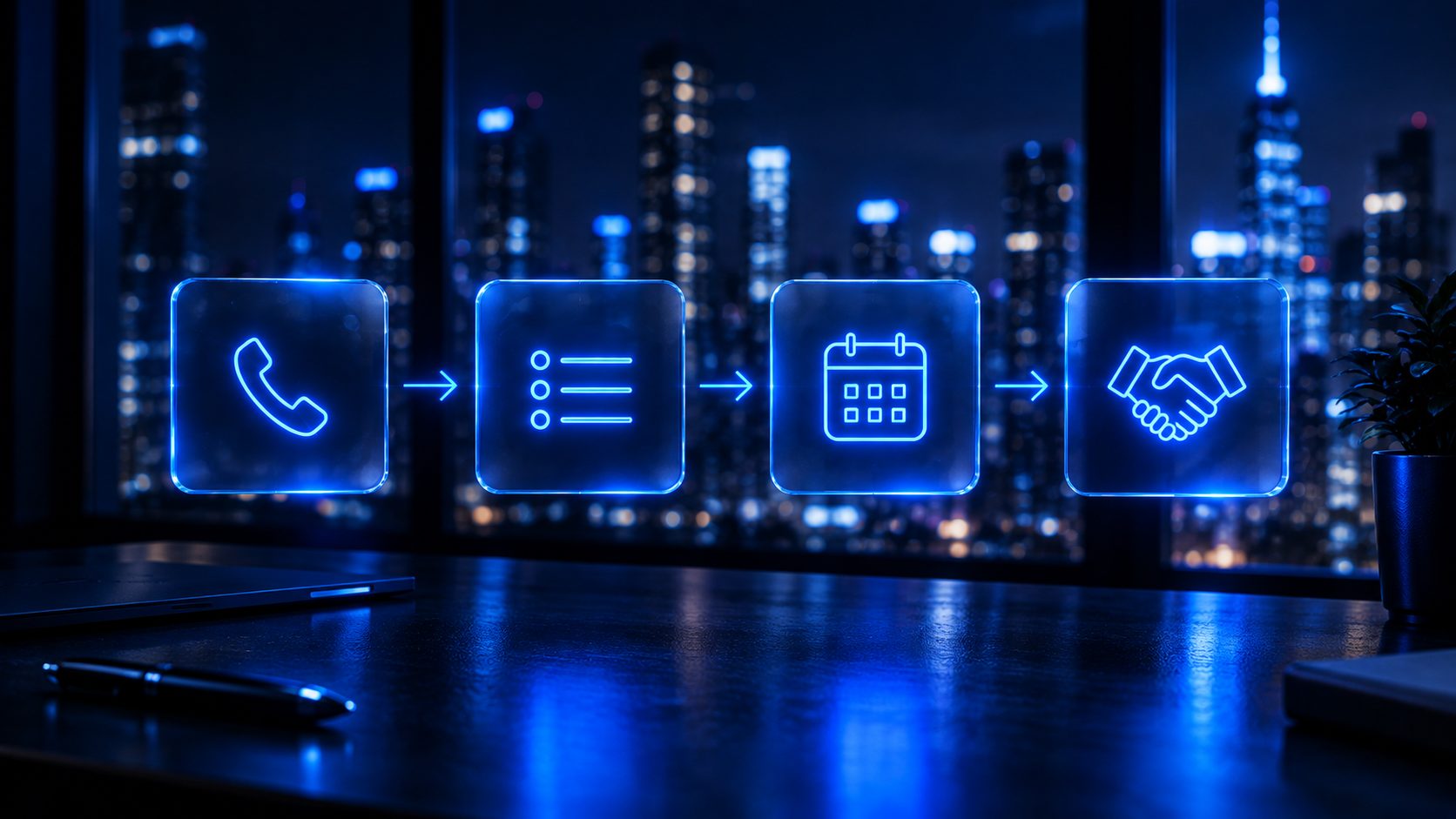 Four glowing icons in a row: a phone, a list, a calendar and a handshake